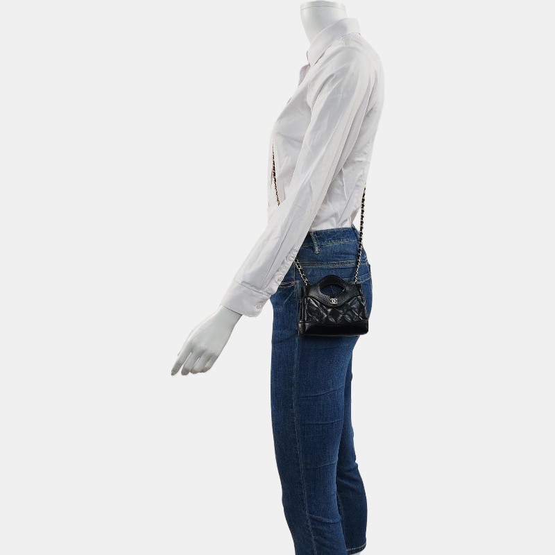 CHANEL CHANEL 31超迷你 黑色羊皮菱格紋絎縫天貓精靈斜挎包手提包單肩包 金色五金-1