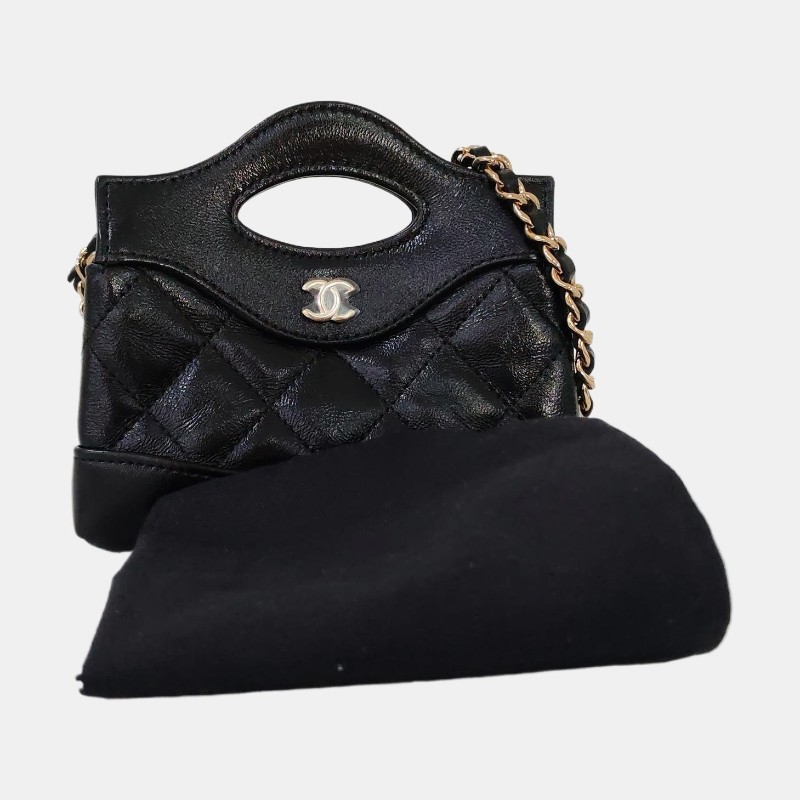 CHANEL CHANEL 31超迷你 黑色羊皮菱格紋絎縫天貓精靈斜挎包手提包單肩包 金色五金-7