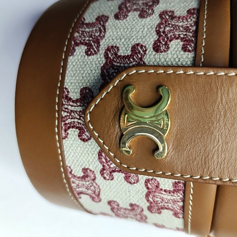 CELINE TRIOMPHE 小號 棕色織物凱旋門斜挎包單肩包 金色五金 9.9新-9