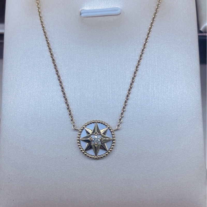 Dior白貝母 八芒星 單鑽 18k金 項鍊-2