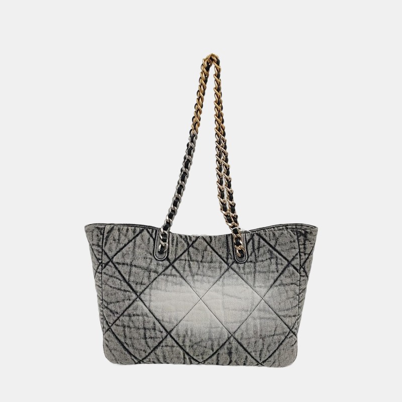 CHANEL CHANEL 19 黑色牛仔布菱格紋絎縫單肩包 金色銀色釘色五金-4