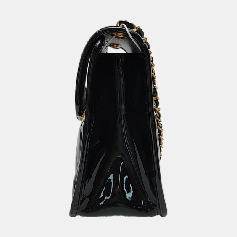 CHANEL 迷你 黑色漆皮菱格紋絎縫單肩包手提包斜挎包 金色五金-2