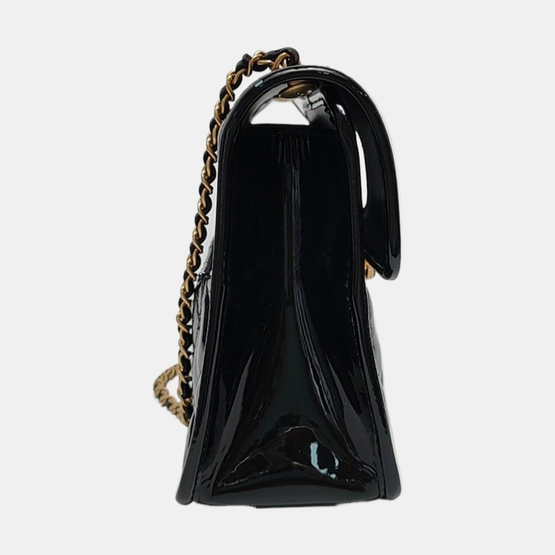 CHANEL 迷你 黑色漆皮菱格紋絎縫單肩包手提包斜挎包 金色五金-3