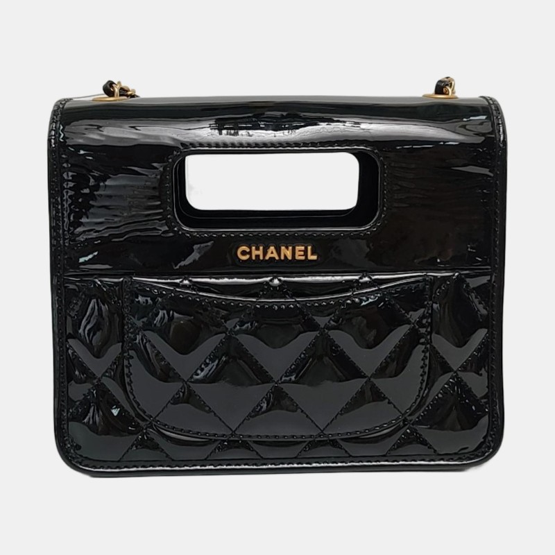 CHANEL 迷你 黑色漆皮菱格紋絎縫單肩包手提包斜挎包 金色五金-4