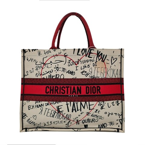 DIOR Book Tote大號 白色帆布刺繡手提包