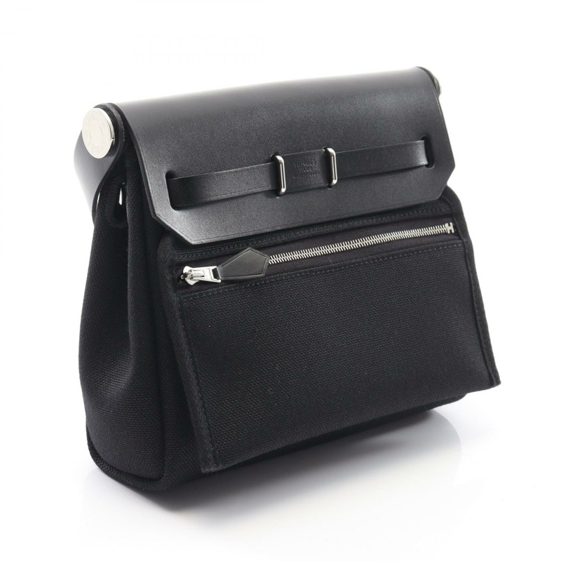 愛馬仕 Herbag Zip Mini 單肩包 086430CK 帆布皮革 黑色 SHW 二手 W-1