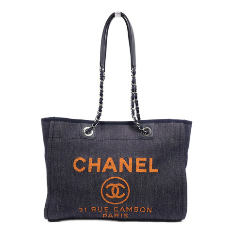 CHANEL 帆布Deauville Tote銀扣肩背袋