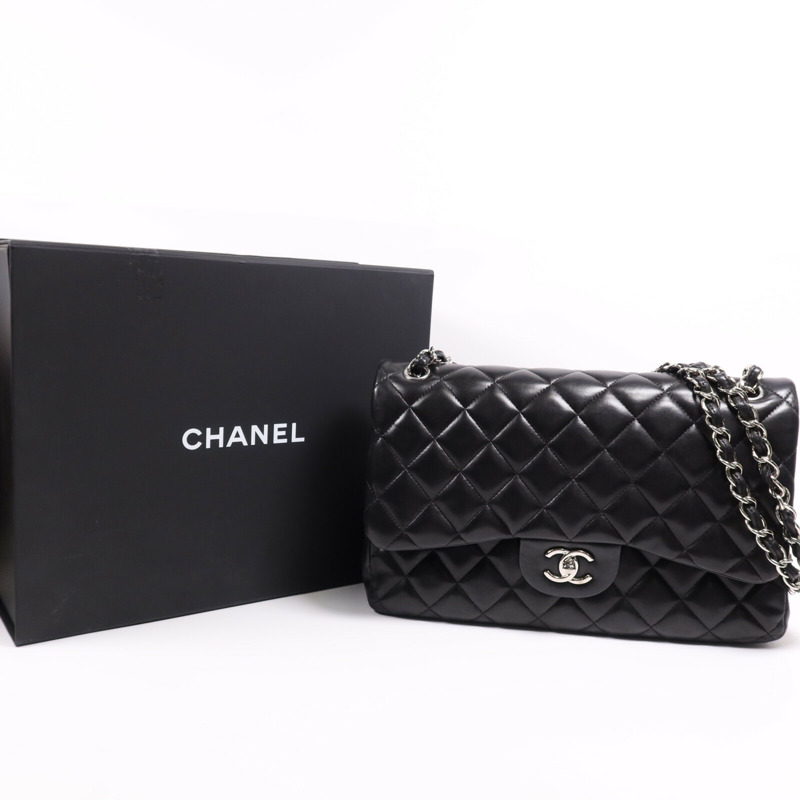 CHANEL 羊皮皮革Large Classic銀扣鏈帶肩背袋-16