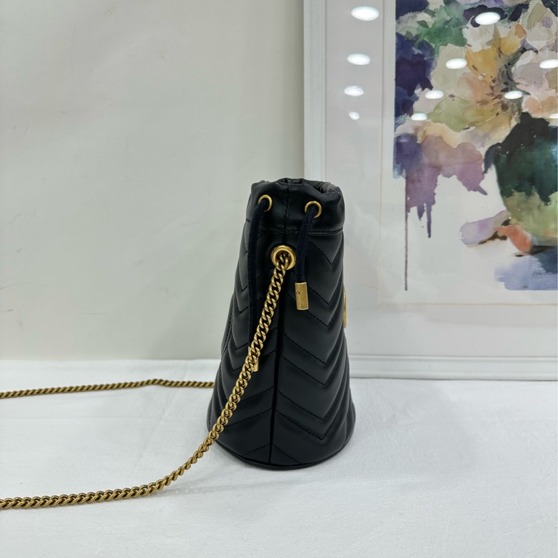 Gucci 新款GG marmont全皮抽繩黑色小水桶包 size:17x13x10cm 容量大超實用 內裡帶卡位-4