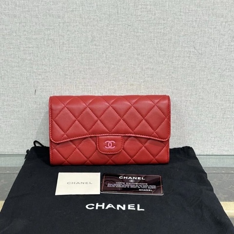 CHANEL 紅色菱格羊皮cf長夾 18*10.5*2 全新閒置配件塵袋保卡