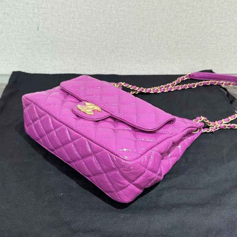 CHANEL 紫色金扣油蠟皮手提肩背包 23*22*7 98新配件塵袋-4