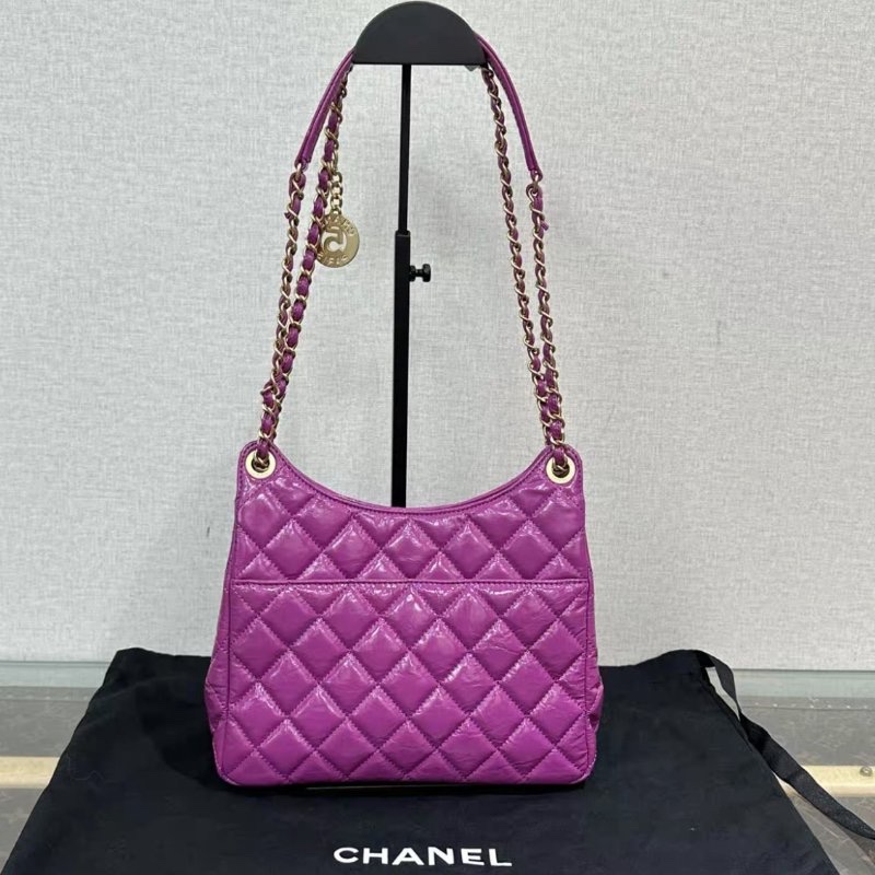 CHANEL 紫色金扣油蠟皮手提肩背包 23*22*7 98新配件塵袋-5