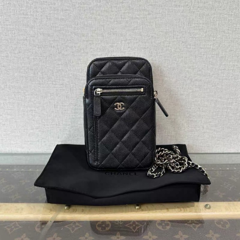 CHANEL 25C黑金菱格多卡位斜背手機包11*19*3 98新配件塵袋-0