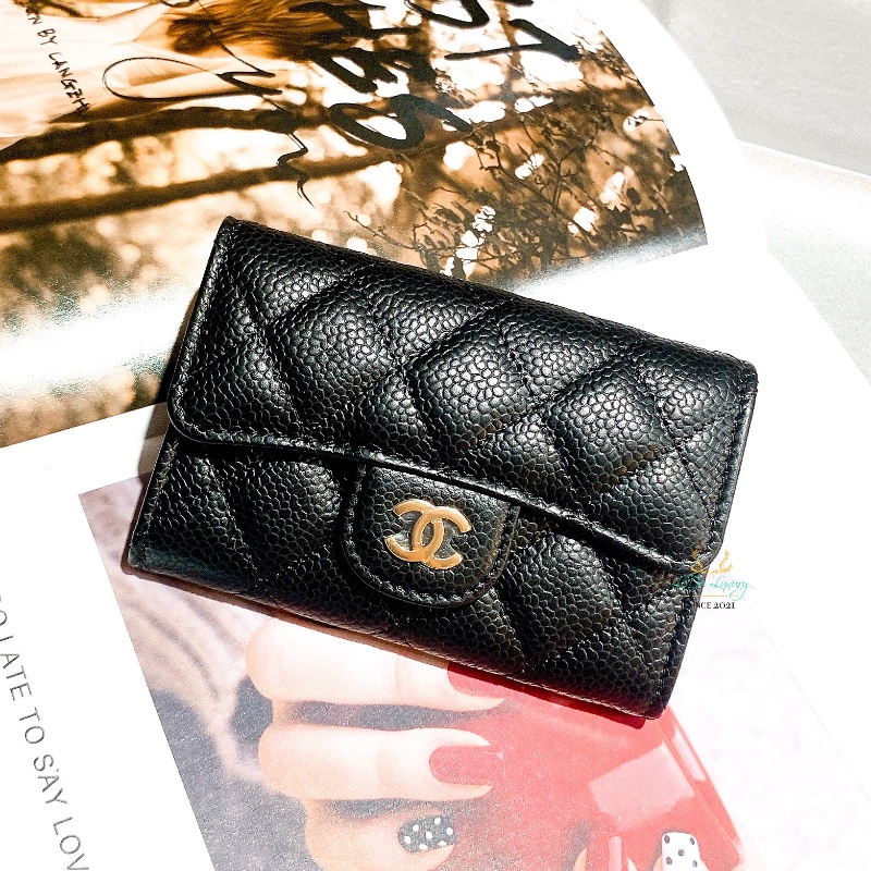 【 全新商品 】CHANEL 香奈兒 AP0214 黑色 金釦 金雙C 荔枝牛皮 釦式卡包 零錢包 收納包 單層卡包-0
