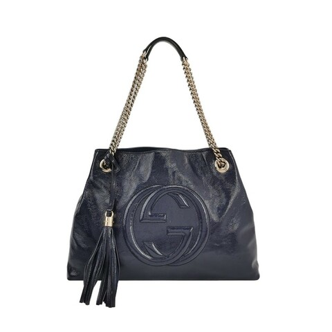 Gucci Soho大號漆皮純色壓紋雙G托特包單肩包