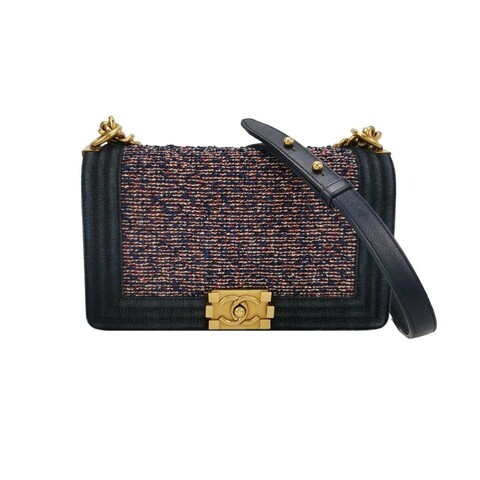 Chanel Leboy 季節限定款中號牛皮牛仔布拼色方形雙C鎖釦單肩包