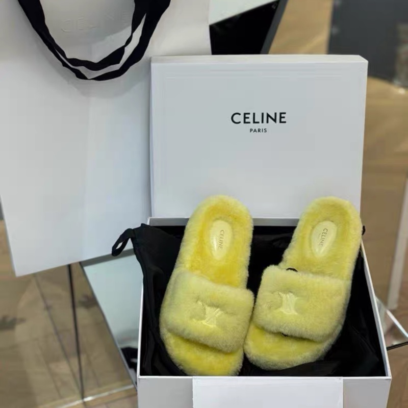 Celine • 凱旋門鵝黃色毛絨拖鞋 秋冬必備!!-0