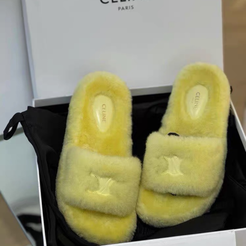Celine • 凱旋門鵝黃色毛絨拖鞋 秋冬必備!!-1