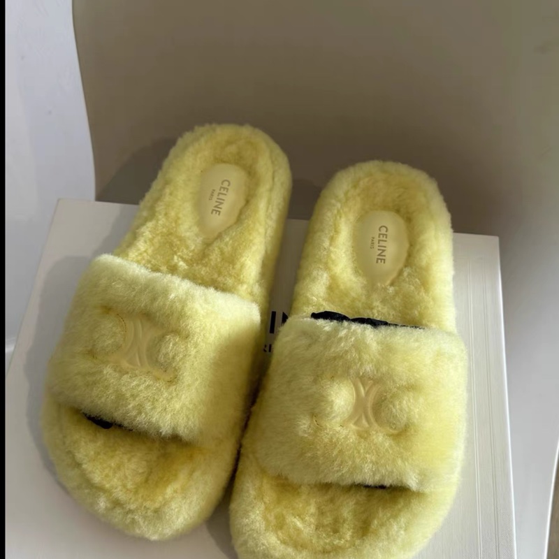 Celine • 凱旋門鵝黃色毛絨拖鞋 秋冬必備!!-2