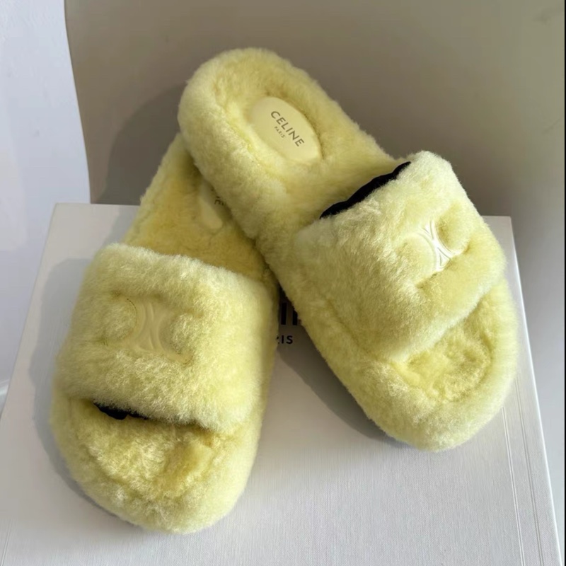 Celine • 凱旋門鵝黃色毛絨拖鞋 秋冬必備!!-3