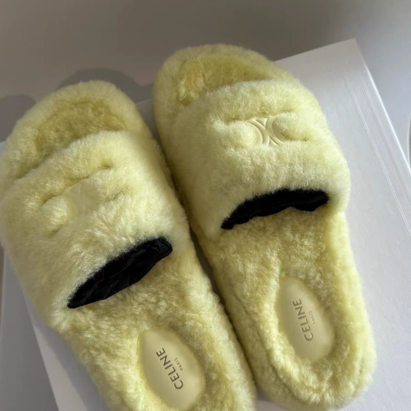 Celine • 凱旋門鵝黃色毛絨拖鞋 秋冬必備!!-4