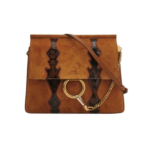 Chloe Faye蛇皮翻毛皮拼色鏈條扣飾斜挎包