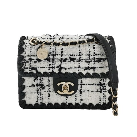 Chanel 牛皮毛呢字母雙C鏈條斜挎單肩包晶片款