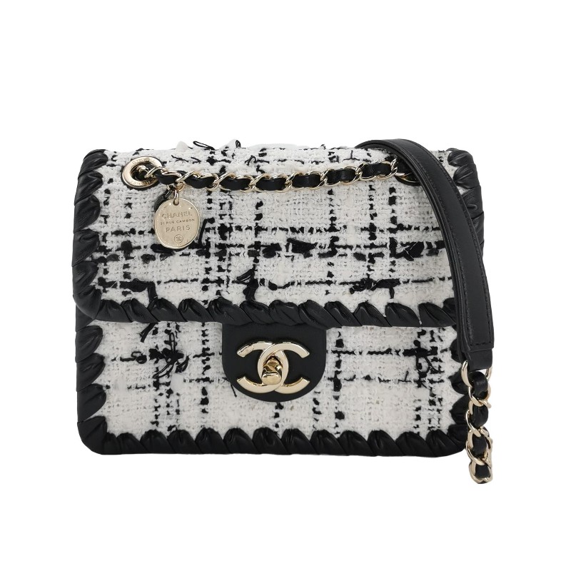 Chanel 牛皮毛呢字母雙C鏈條斜挎單肩包晶片款-0