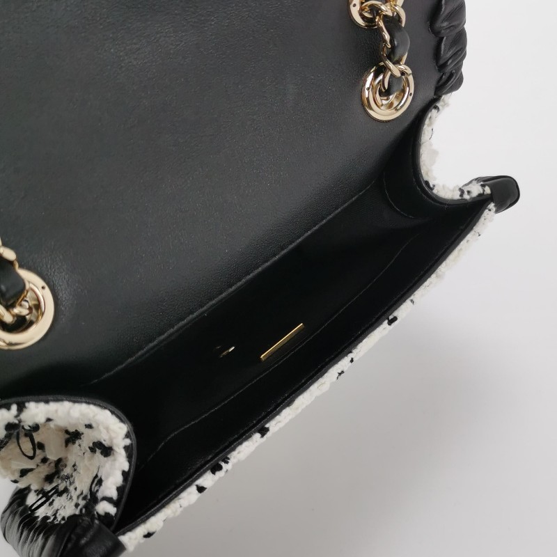 Chanel 牛皮毛呢字母雙C鏈條斜挎單肩包晶片款-6