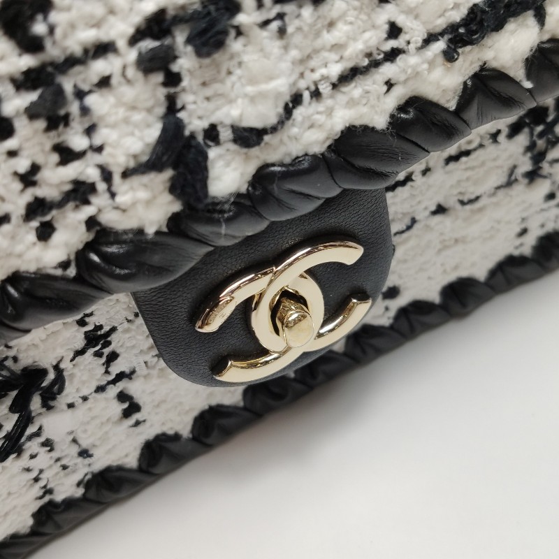 Chanel 牛皮毛呢字母雙C鏈條斜挎單肩包晶片款-9