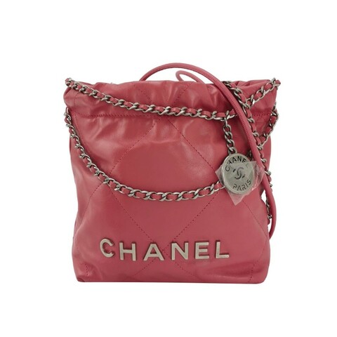 Chanel 22Bag迷你油蠟皮鏈條字母Logo金幣吊墜斜挎單肩包