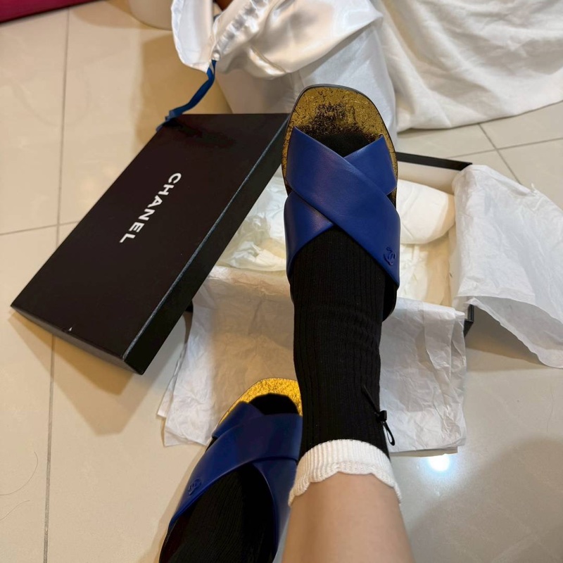 CHANEL 香奈兒 Prefall 埃及 金色 寶藍 穆訥鞋 涼拖鞋 涼鞋 拖鞋-6