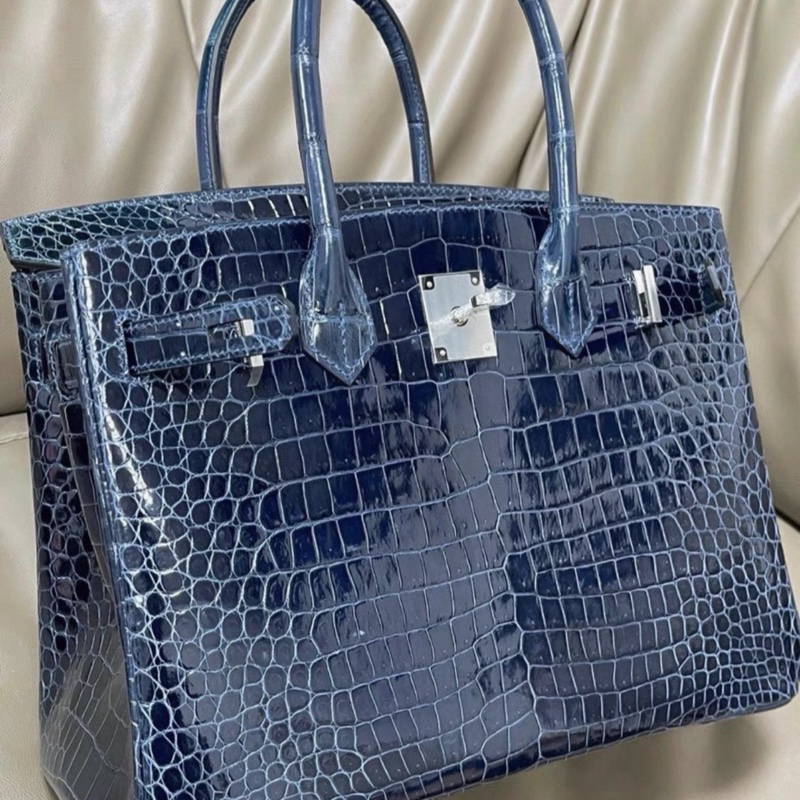 Hermes 愛馬仕 Birkin30 深海藍倒V鰐魚 銀扣 框O刻 附件:塵袋 鎖 鑰匙-8