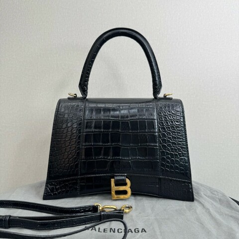 BALENCIAGA巴黎世家沙漏包 黑色鱷魚壓紋中號 手提包肩背包