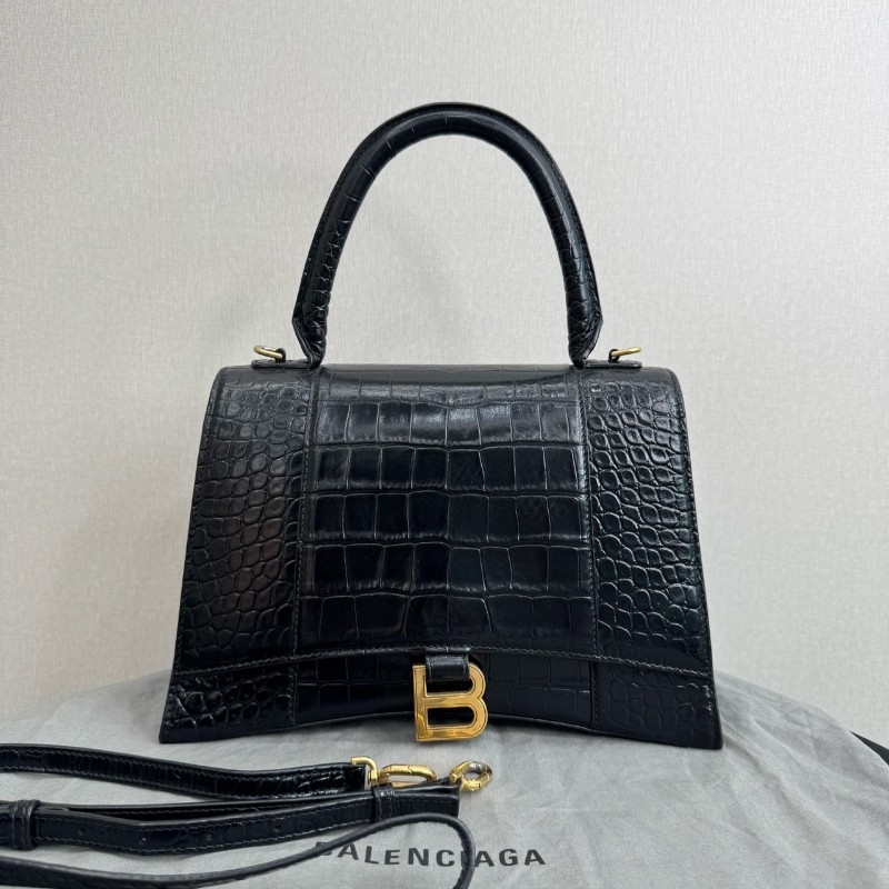BALENCIAGA巴黎世家沙漏包 黑色鱷魚壓紋中號 手提包肩背包-0