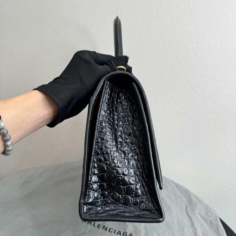 BALENCIAGA巴黎世家沙漏包 黑色鱷魚壓紋中號 手提包肩背包-2