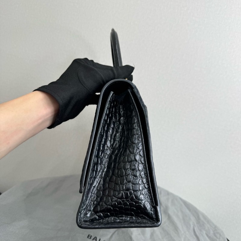 BALENCIAGA巴黎世家沙漏包 黑色鱷魚壓紋中號 手提包肩背包-3