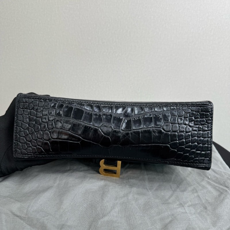 BALENCIAGA巴黎世家沙漏包 黑色鱷魚壓紋中號 手提包肩背包-4