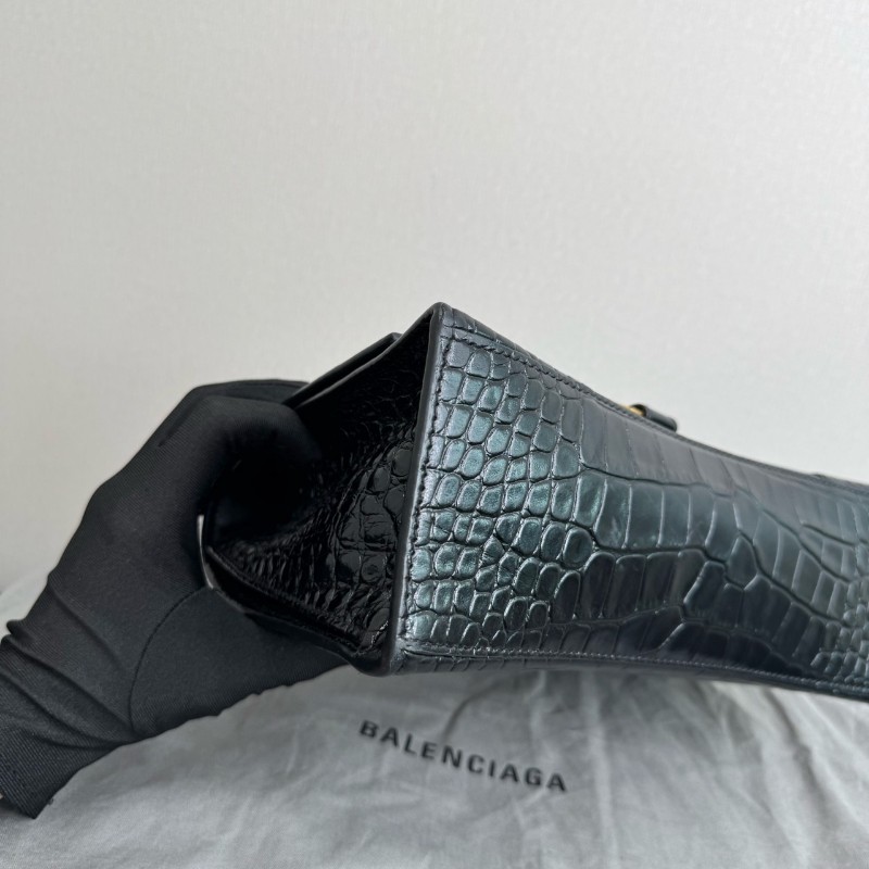 BALENCIAGA巴黎世家沙漏包 黑色鱷魚壓紋中號 手提包肩背包-5