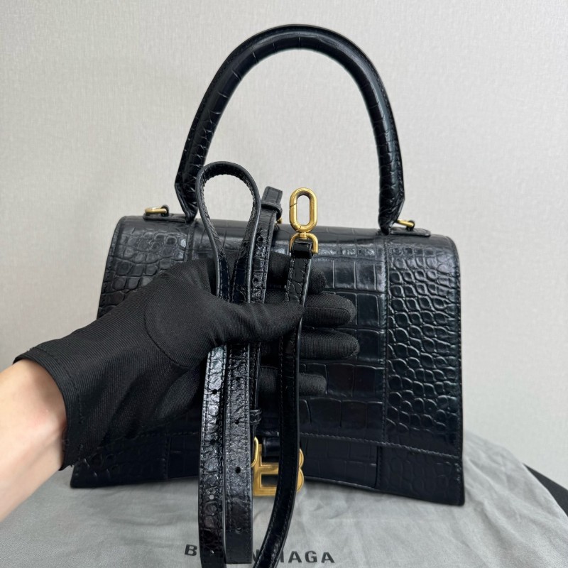 BALENCIAGA巴黎世家沙漏包 黑色鱷魚壓紋中號 手提包肩背包-6