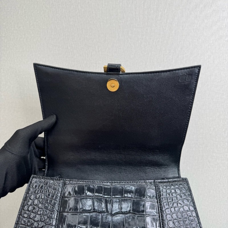 BALENCIAGA巴黎世家沙漏包 黑色鱷魚壓紋中號 手提包肩背包-7