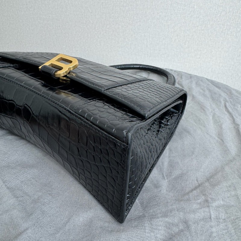 BALENCIAGA巴黎世家沙漏包 黑色鱷魚壓紋中號 手提包肩背包-10