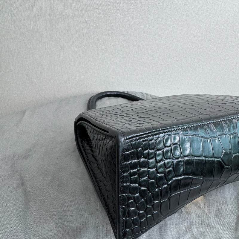 BALENCIAGA巴黎世家沙漏包 黑色鱷魚壓紋中號 手提包肩背包-11