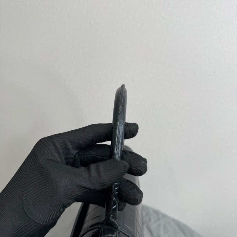 BALENCIAGA巴黎世家沙漏包 黑色鱷魚壓紋中號 手提包肩背包-13