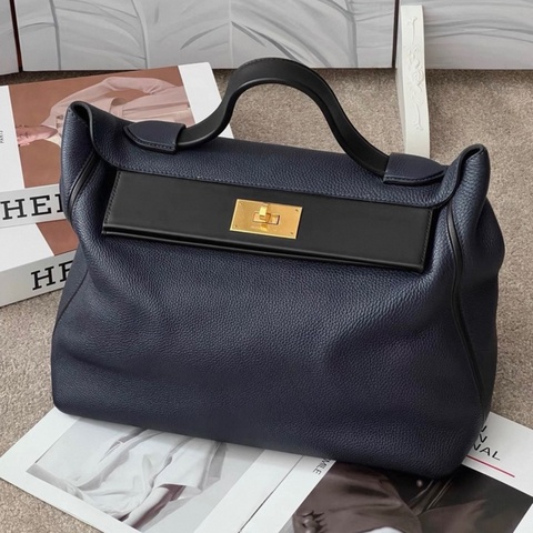 Hermes/愛馬仕2424大號 午夜藍拼黑 金扣 手提包 D刻 35cm