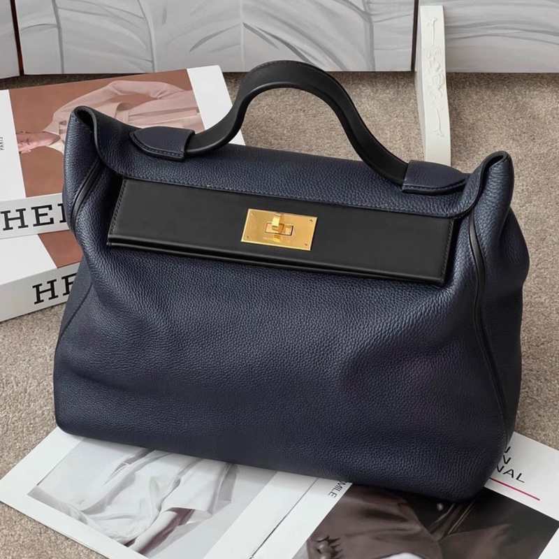 Hermes/愛馬仕2424大號 午夜藍拼黑 金扣 手提包 D刻 35cm-0