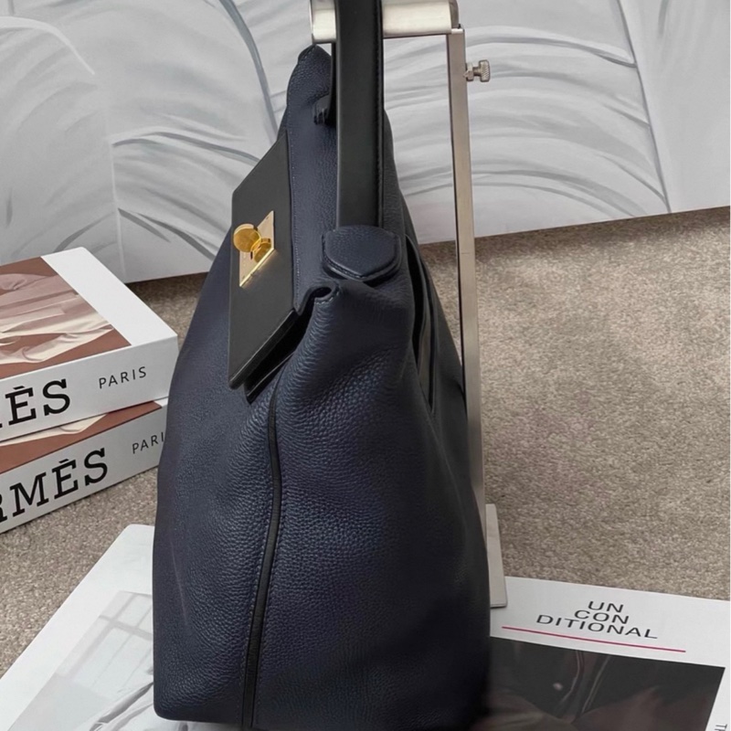 Hermes/愛馬仕2424大號 午夜藍拼黑 金扣 手提包 D刻 35cm-2