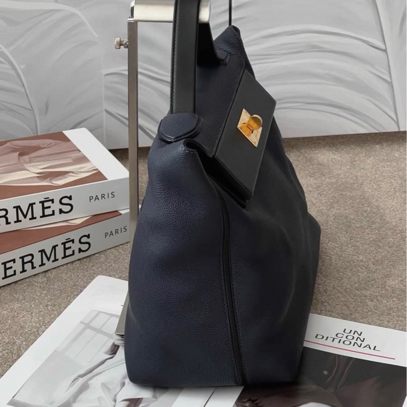 Hermes/愛馬仕2424大號 午夜藍拼黑 金扣 手提包 D刻 35cm-3