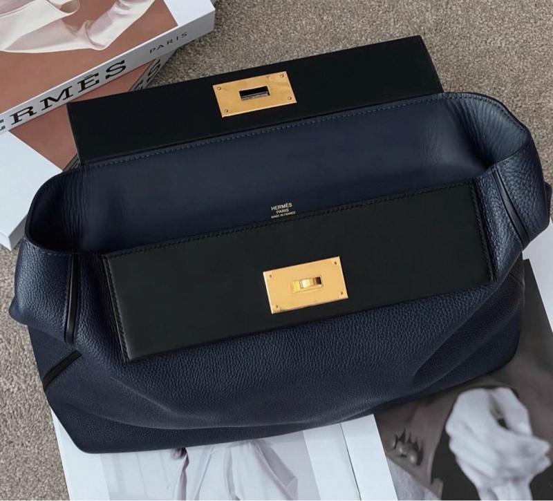 Hermes/愛馬仕2424大號 午夜藍拼黑 金扣 手提包 D刻 35cm-5