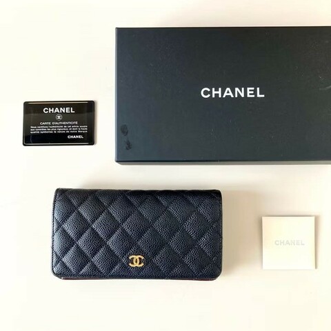 【LA LUNE】全套中古二手Chanel黑色金扣魚子醬皮革長夾錢包手袋